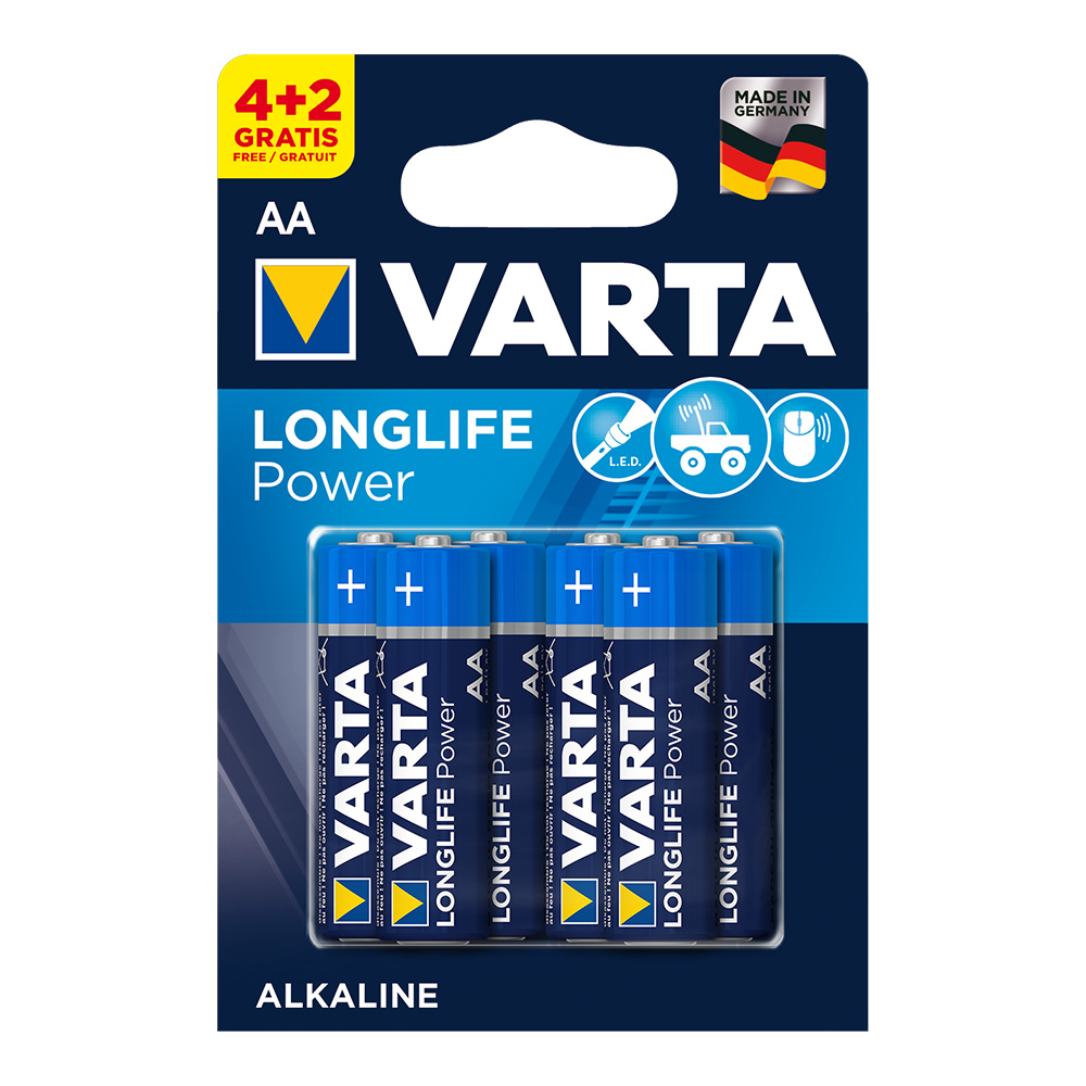 Pilha Alcalina Longlife Power AA - Lr06 Varta (Blíster 6 Unid.) Ø14,5x50,5mm
