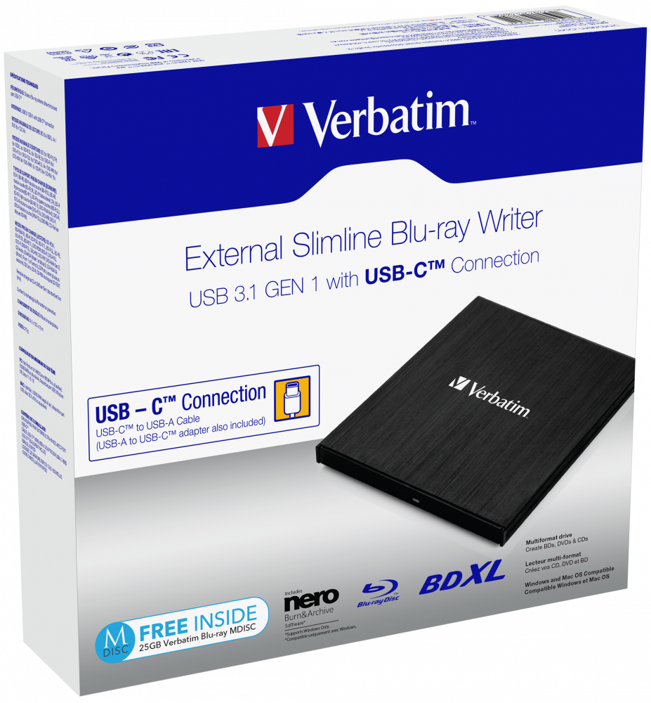 Verbatim Slimline - Bdxl Drive - Superspeed Usb 3.1 Gen 1 - External