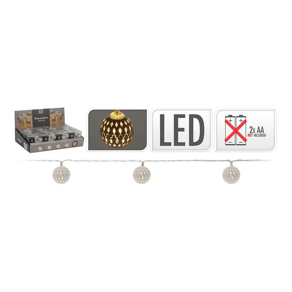 Grinalda Branco Quente 10 Leds Com Bolas Prateadas