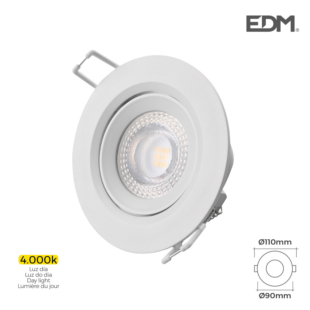 Downlight LED Redondo de Encastrar 5w 4000k Luz Dia Aro Branco Ø9cm Edm