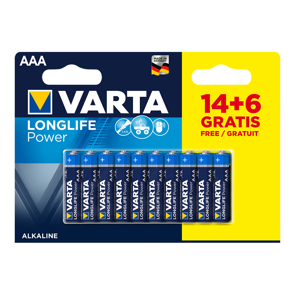 Pilha Varta Longlife Power AAA - Lr03 (Blíster 14+6 Unid.) Ø10,5x44,5mm