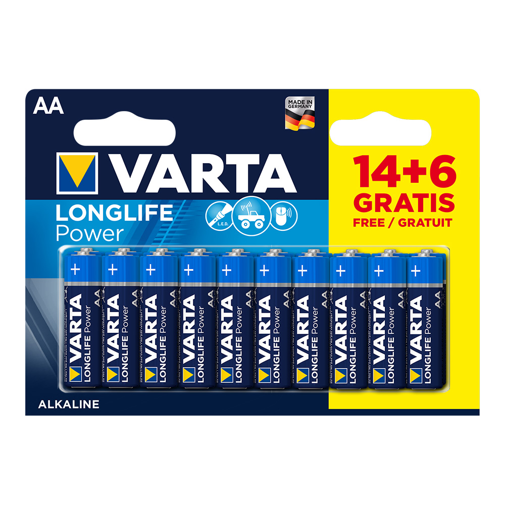 Pilha Varta Longlife Power AA - Lr6 (Blíster 14+6 Unid.) Ø14,5x50,5mm