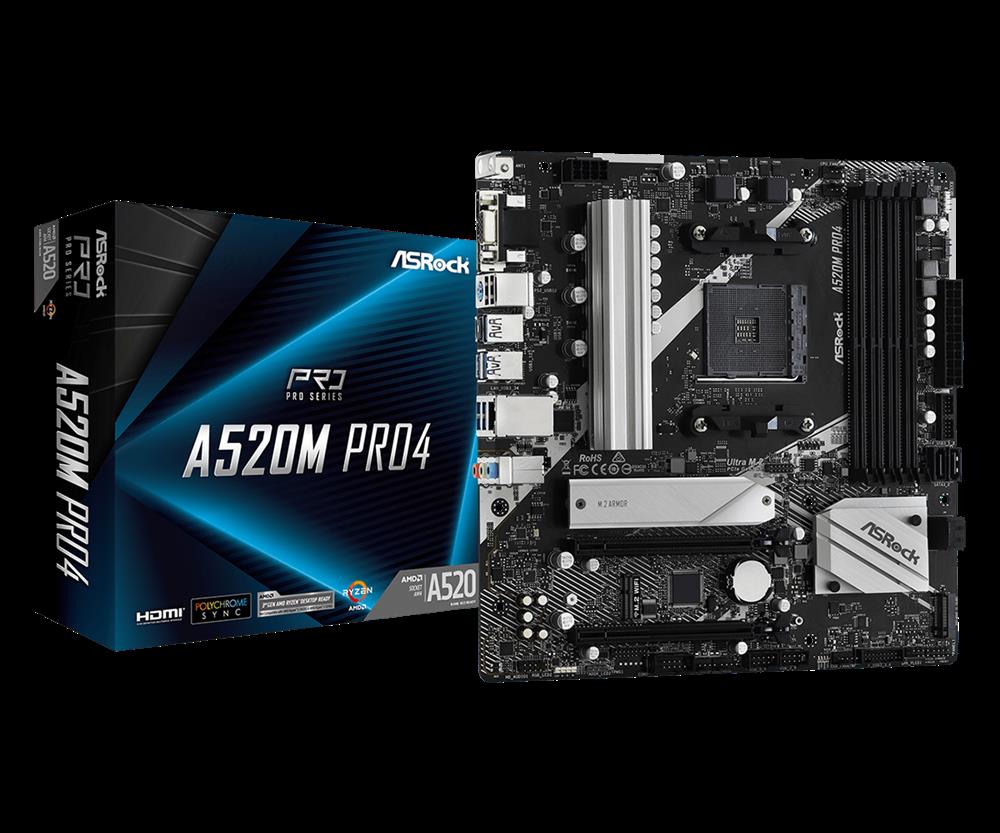 Motherboard Asrock A520m Pro4, Amd Am4, 4xddr4, 2xm.2, 4xsata