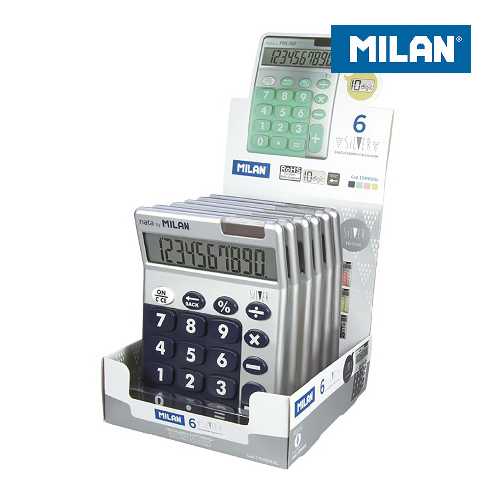 Caixa Expositora 6 Calculadoras Silver 10 Digitos Milan