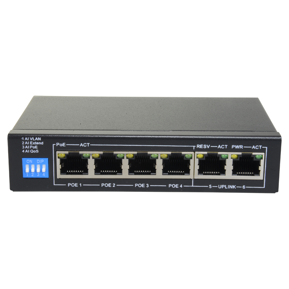 Switch Poe - 4 Portas Poe + 2 Uplink Rj45 - Velocidade Até 100 Mbps em Todas As Portas - Até 60w No 